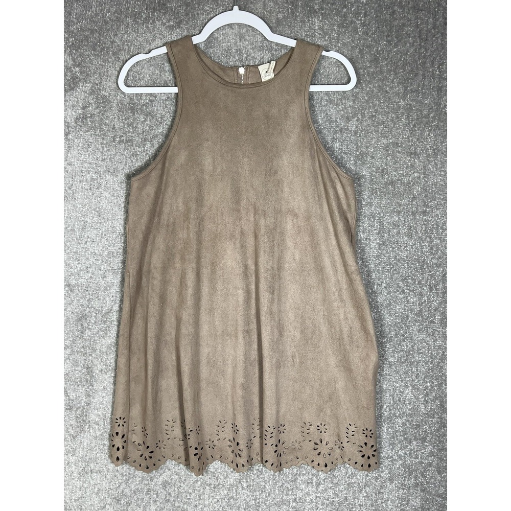 Paper Crane Racerback Dress Womens Sz Medium Brown Faux Suede Perforated Hem
